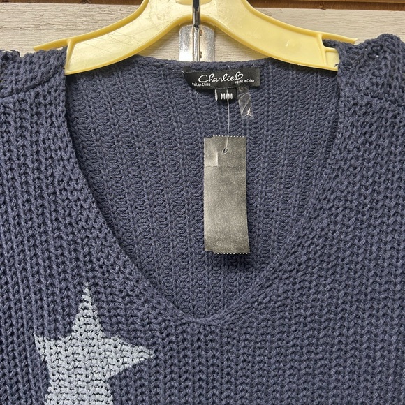 Charlie Paige Navy Star V-Neck Sweater - Picture 4 of 7